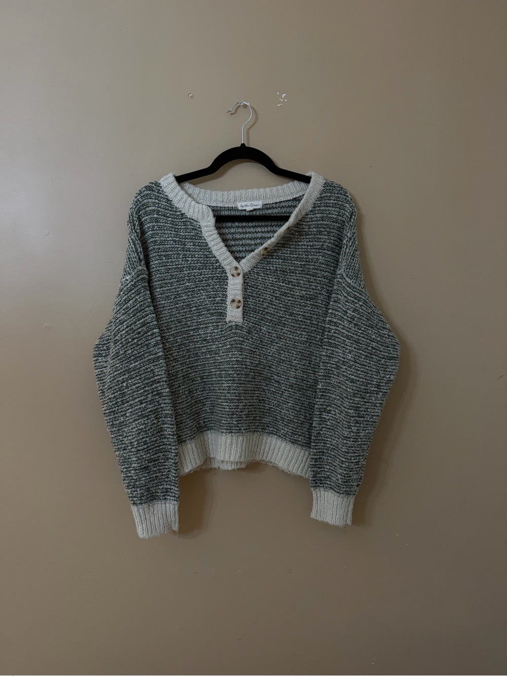 Cozy Two-Tone Henley Sweater - Cream & Green stripes with buttons